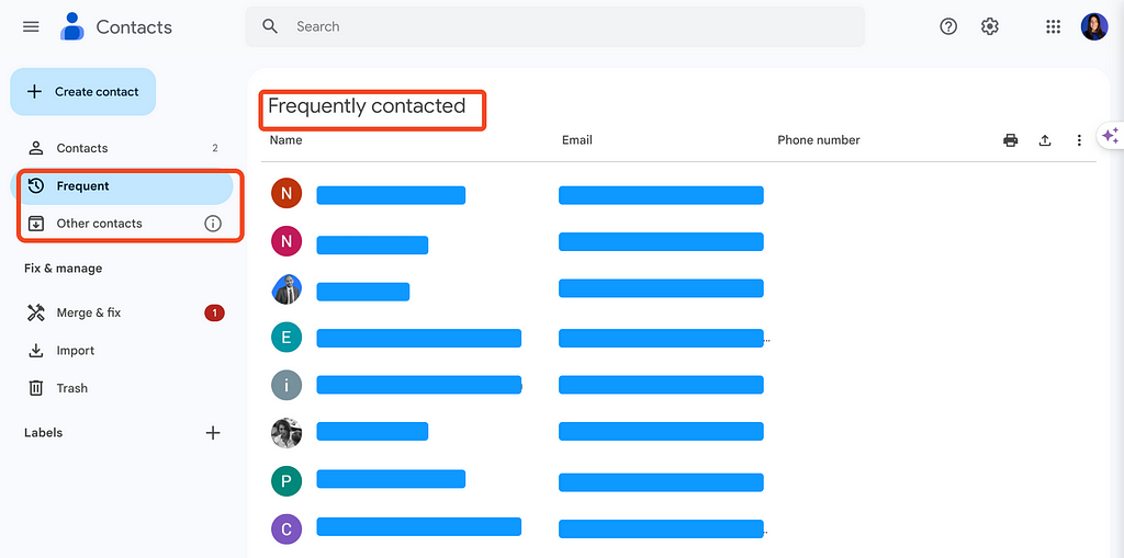 An image is a screenshot of contacts.google.com, where the user has opened a ‘Frequently Contacted’ folder. On the screenshot, it is apparent that most of the user’s contacts are saved in ‘Frequently contacted’ and ‘Other Contacts’ folders.