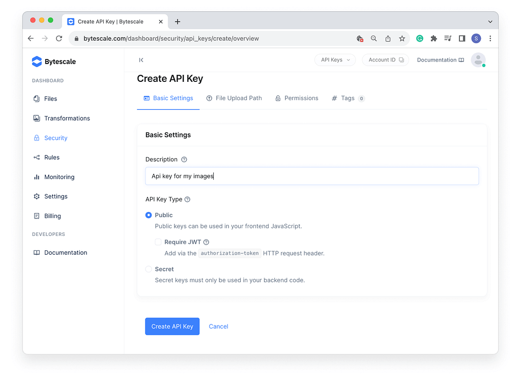 Bytescale interface for creating API keys.