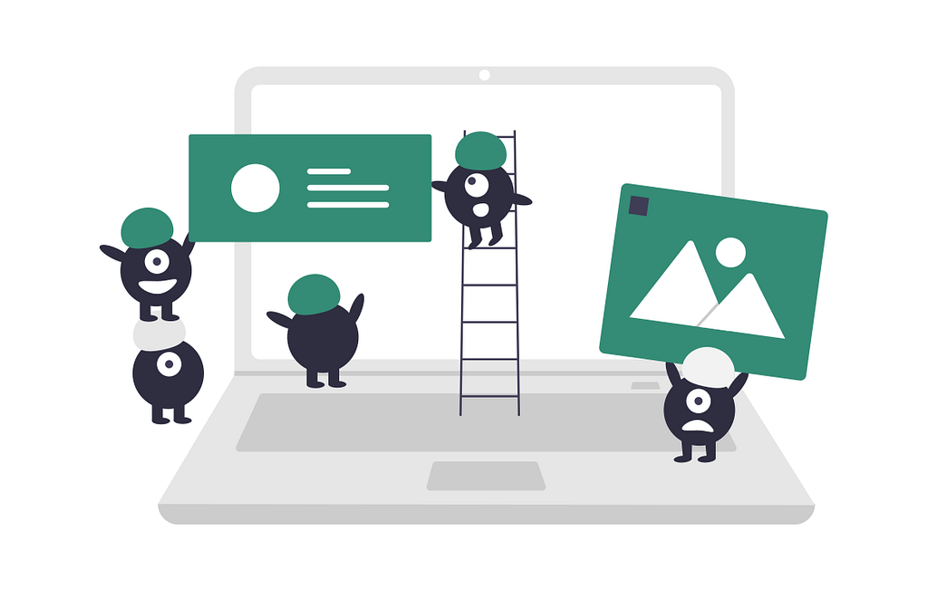 Illustration of little creatures in hard hats building a website