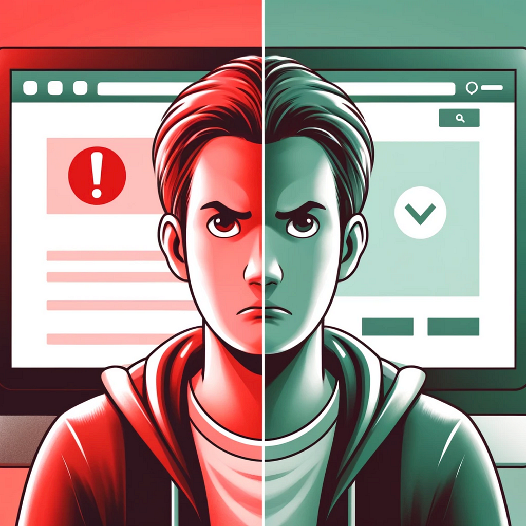 A split-screen digital illustration depicting user experience in web navigation. On the left, a frustrated user in front of a computer screen showing an error or wrong page, with an expression of confusion and annoyance. The background is tinted in subtle red tones to emphasize frustration. On the right, a content and relaxed user in front of a computer screen displaying a correct webpage they intended to visit, with an expression of satisfaction. The background is tinted in calming green tones