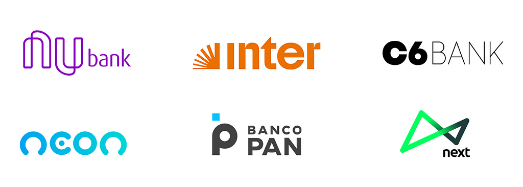 Imagem com seleção de logos de alguns bancos digitais: Nubank, Inter, C6, Neon, Banco Pan e Neon.