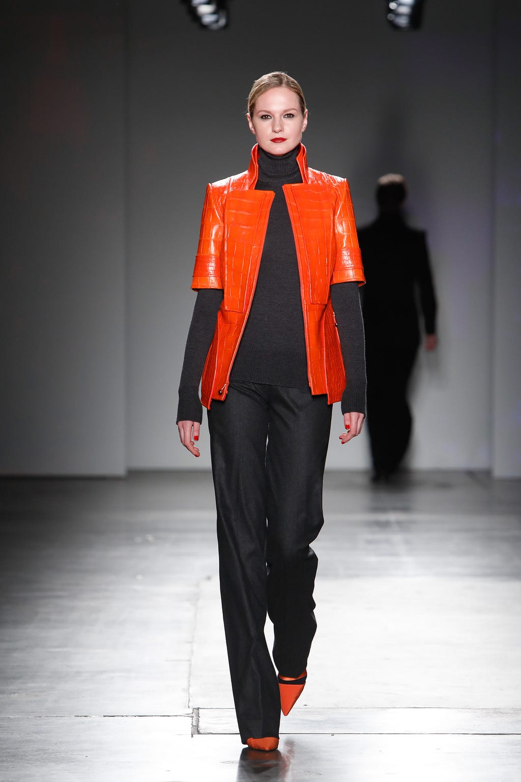 Pop Art Orange French Lacquer Alligator Sculpted Blouson Jacket w/ Attached Sculpted Collar, Cashmere Turtleneck and Trouser