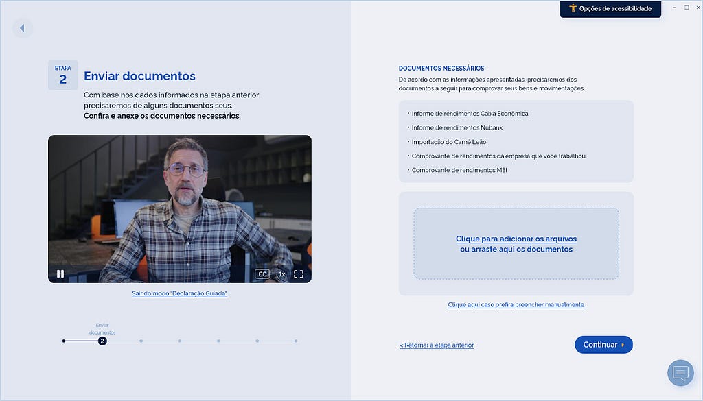 Tela com vídeo de um homem a esquerda e um campo a direita dizendo “Clique para adicionar os arquivos ou arraste aqui os documentos”