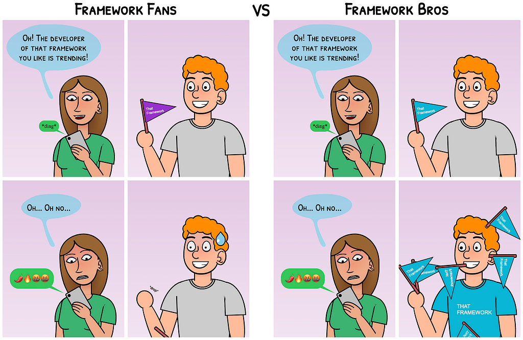 Two versions of the same 4-panel comic showing the same situation: a person receives a message on their phone and says ‘Oh! The developer of that framework you like is trending’, a second person smiles waving a flag with the text ‘That Framework’. Then the first person looks shocked at the phone that shows a message with emojis for fire and angry people ‘Oh… Oh no…’ says while reading the developer’s hot take. The last panel is different in both parts. In the first one (titled Framework Fans