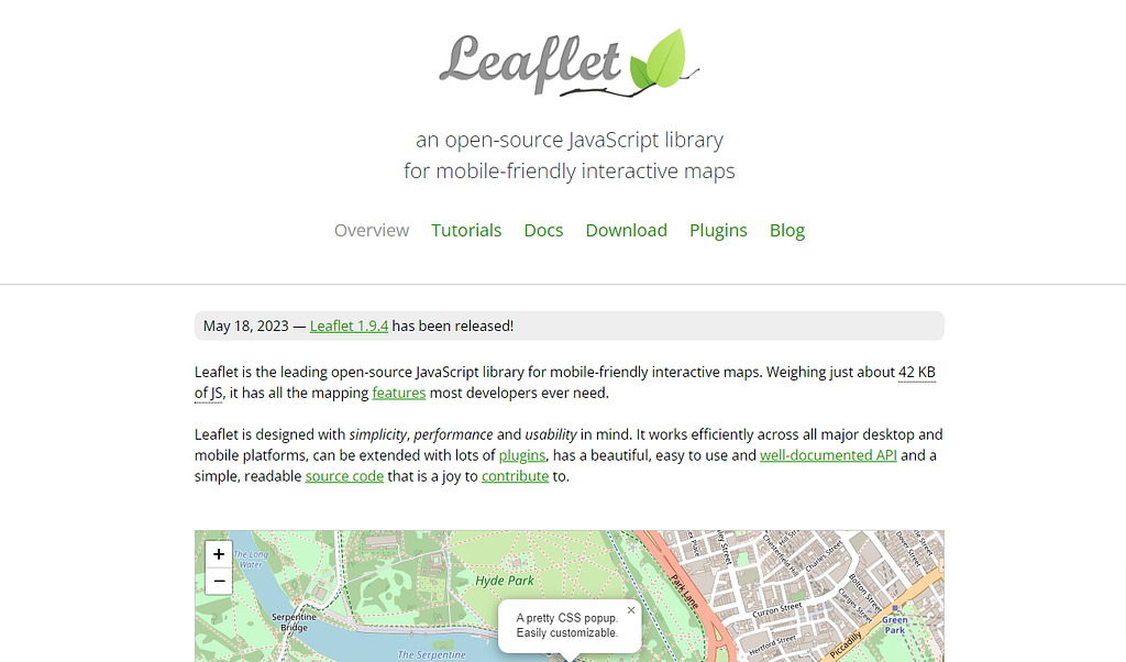 Screenshot of Leaflet website