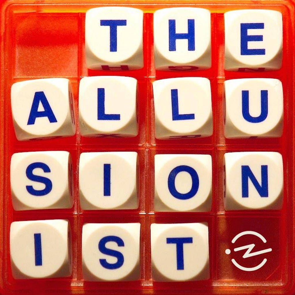 An image on red background with individual white letters spelling out The Allusionist.
