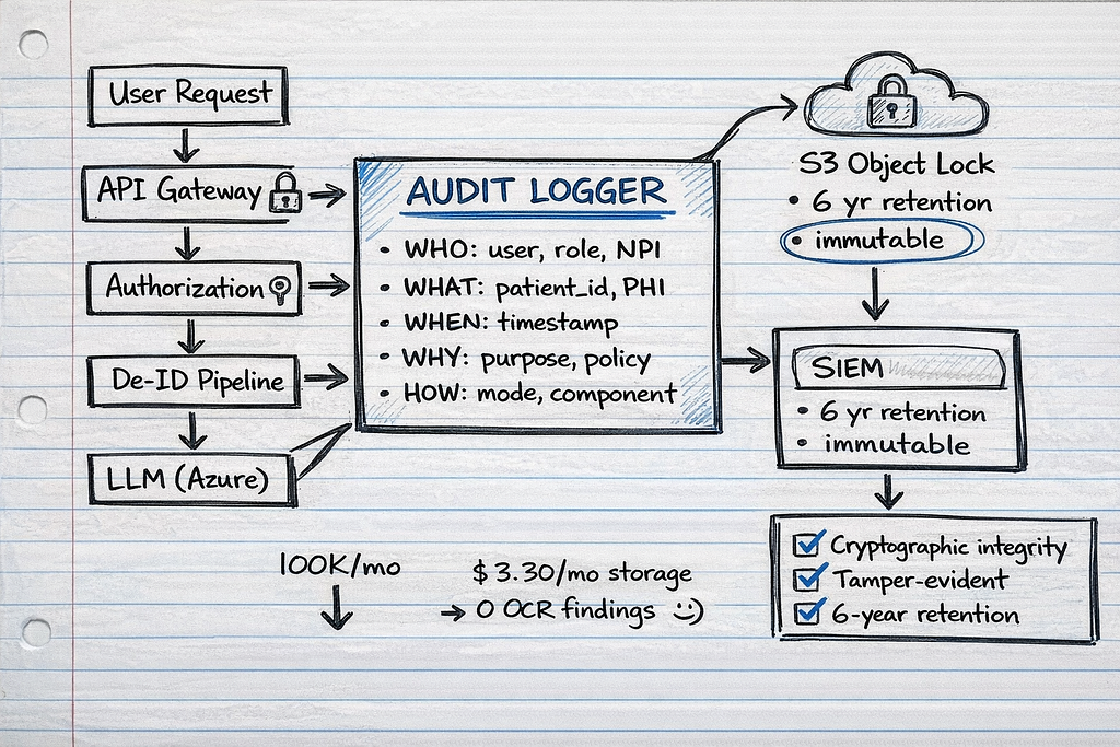 Hand-drawn system architecture in engineer’s notebook on lined paper showing data flow from User Request through API Gateway, Authorization, De-ID Pipeline, and LLM to central Audit Logger box (listing WHO/WHAT/WHEN/WHY/HOW fields), then to S3 Object Lock (6-year retention, immutable), SIEM, and Anomaly Detection, with margin notes showing 100K requests/month, $3.30/month storage, 0 OCR findings, and checkboxes for cryptographic integrity, tamper-evident, and 6-year retention.