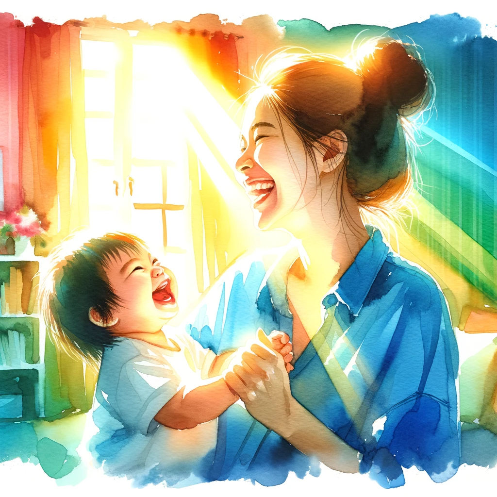 Mother and toddler in a vibrant, sunlit room, sharing a joyful and playful moment, capturing the warmth and vivacity of their bond