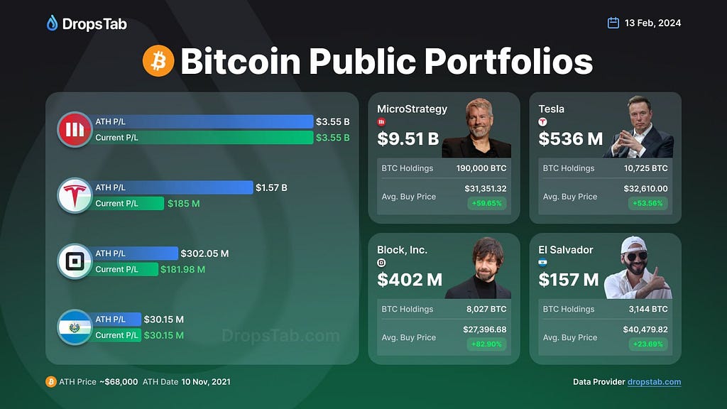 Bitcoin portfolio overview showing current and all-time high profit/loss for major holders including a top company, Tesla, Block Inc., and El Salvador as of February 13, 2024, with details on Bitcoin holdings and average buy prices, indicating percentage gains.
