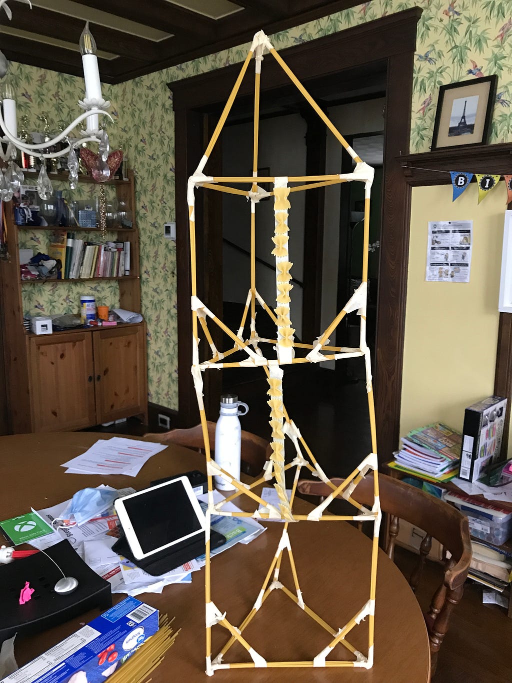 A spaghetti tower built as part of the Funbotics weekly engineering challenge