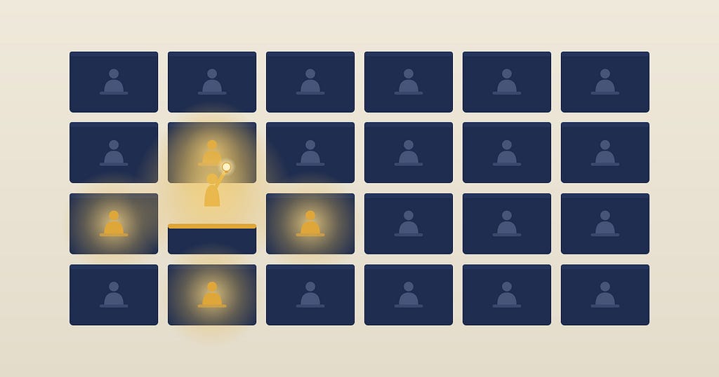 The same grid of dark boxes as the opening image, but now the gold figure stands on top of their open box with an idea held high. The nearest workers have begun to glow gold and turn toward them, while the far boxes stay dark.