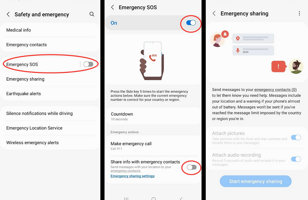 Screenshots Illustrating How to Turn on Emergency SOS and Emergency Sharing