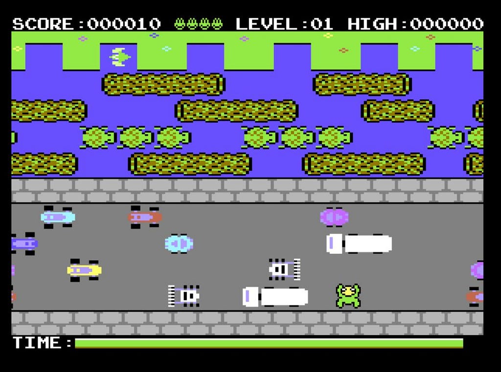 Screen shot of classic “Frogger” game from the 80s