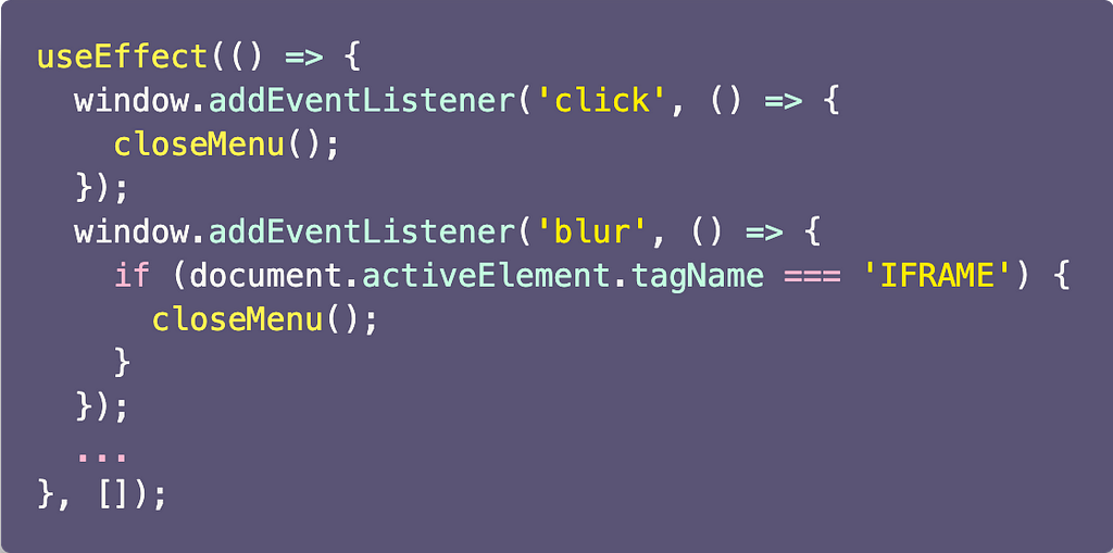 A useEffect hook that adds event listeners to click and blur events
