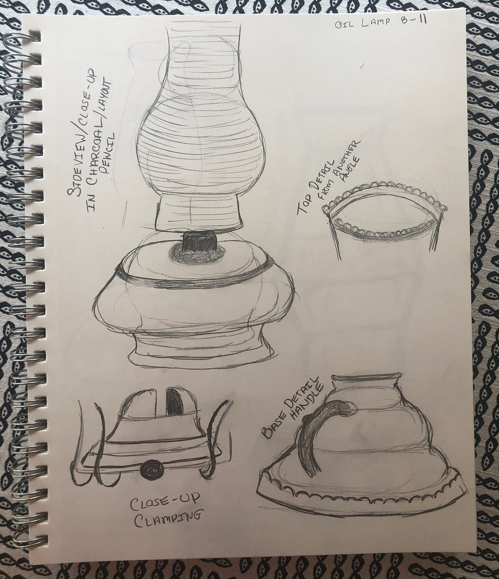 Layout pencil sketches of an oil lamp.