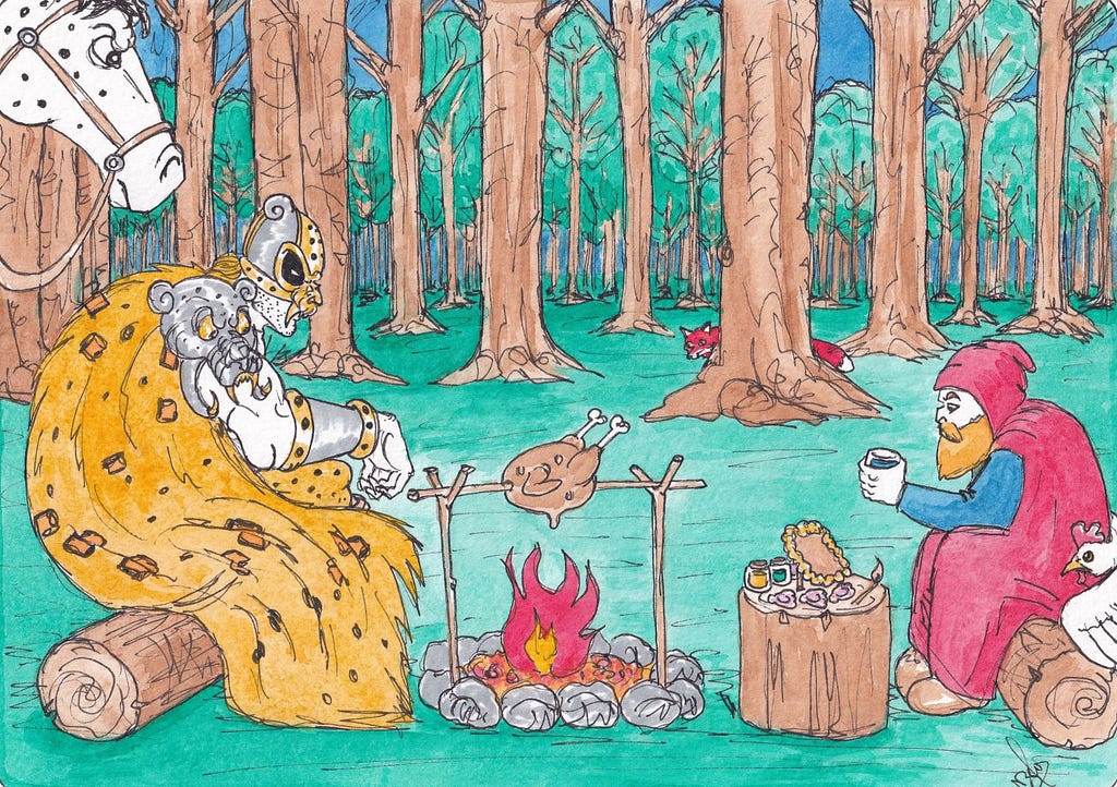 a knight and a bearded man in a red hood roasting a bird over a campfire in the woods by Nadim Beidoun