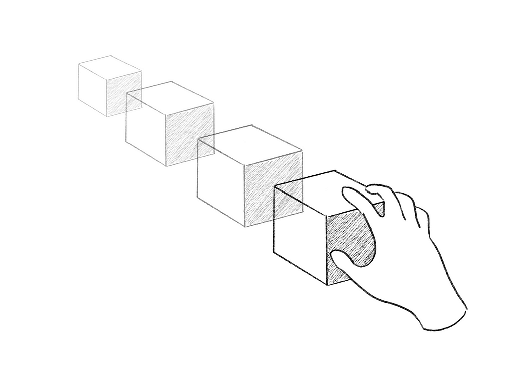 Sketch of a cube flying into a hand