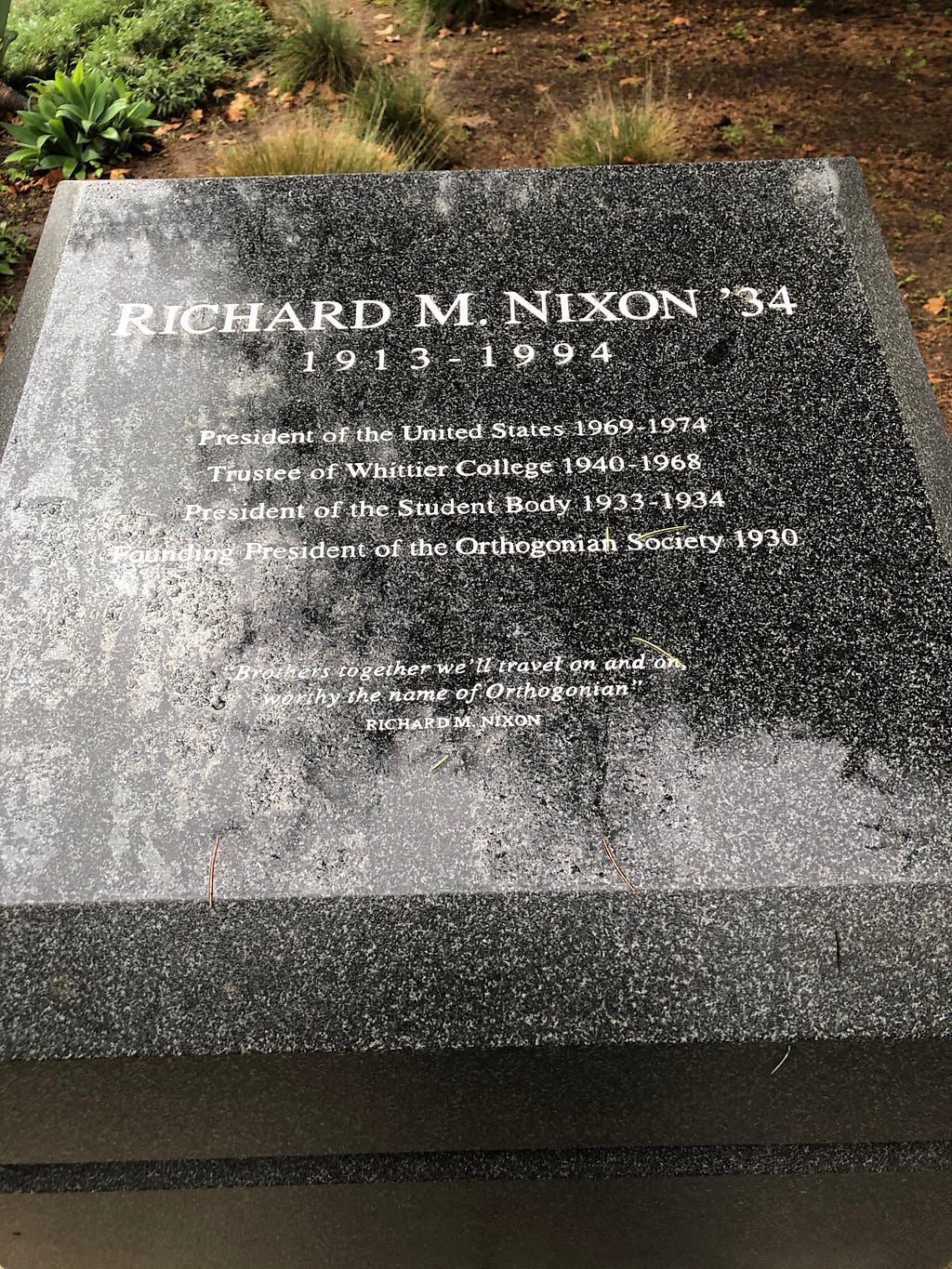 Memorial by the Orthogonian Pond, dedicated to Richard Nixon.