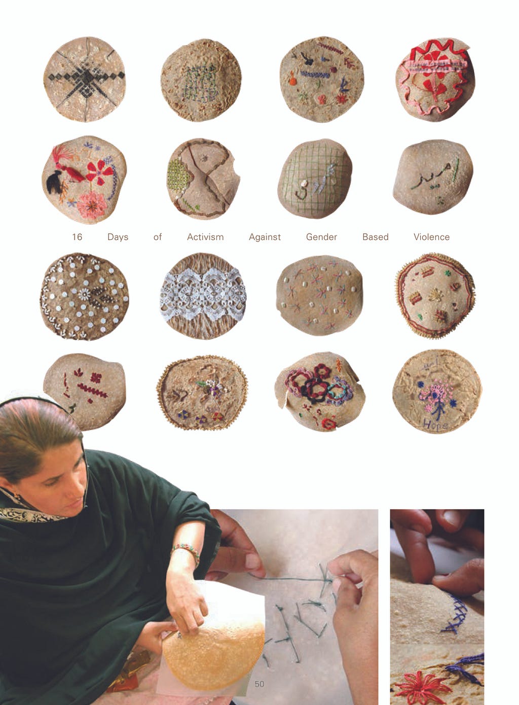 A collage of the various embroidered flatbreads that women made