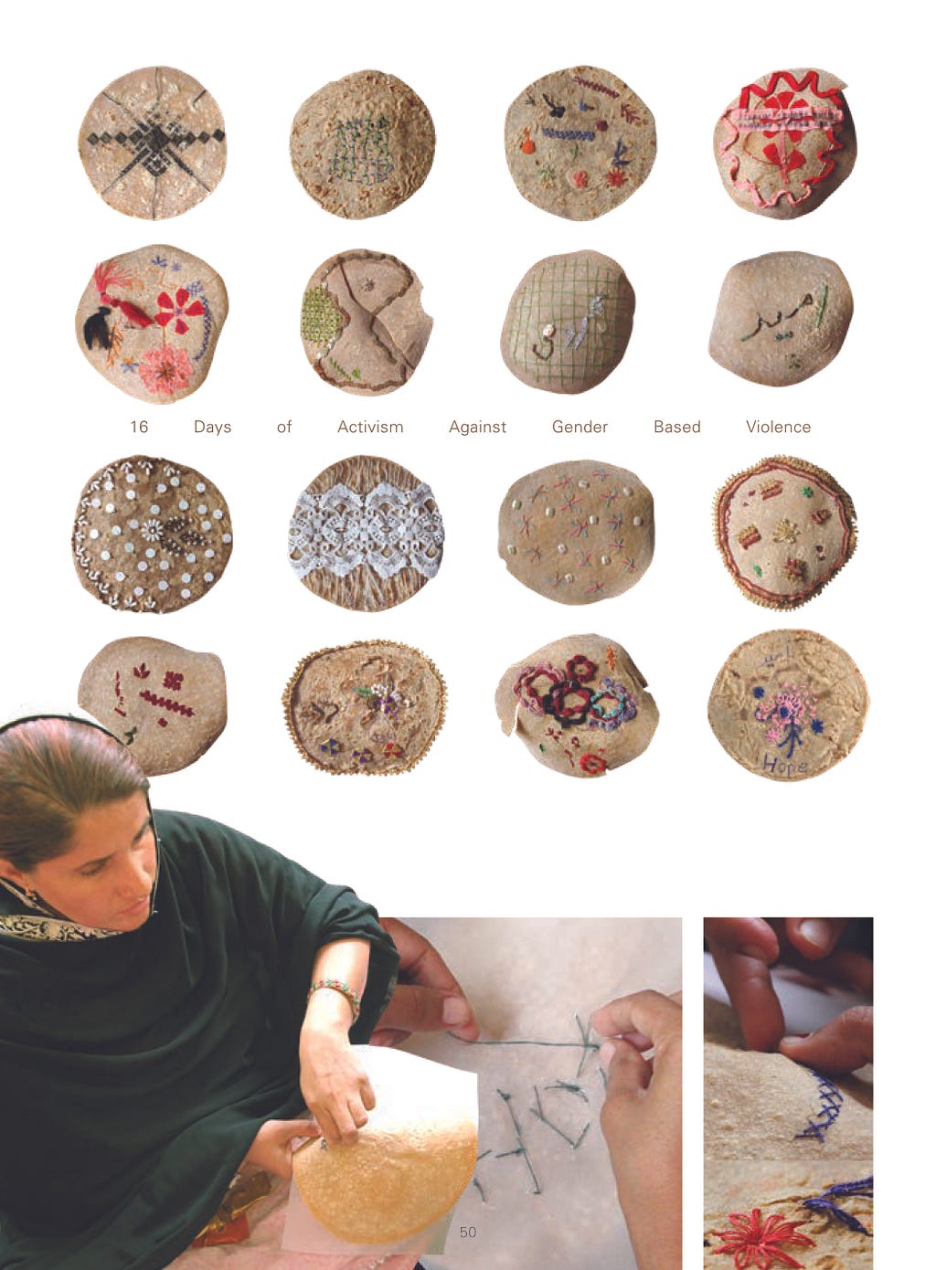 A collage of the various embroidered flatbreads that women made