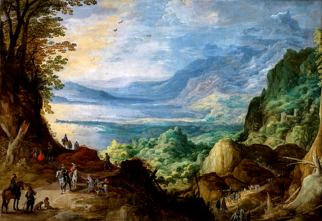 A painting showing people traveling on foot and on horseback in the foreground, with the landscape unfolding into trees, the sea and a harbor, and mountains rising in the far distance.
