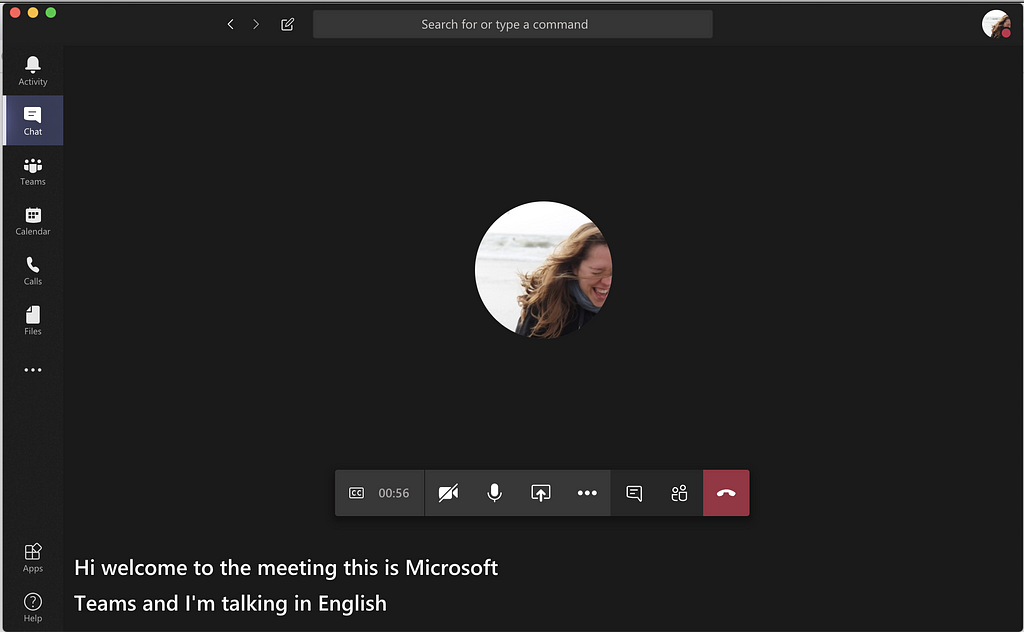 Example of captions in english in microsoft teams (bottom left white text on black background)