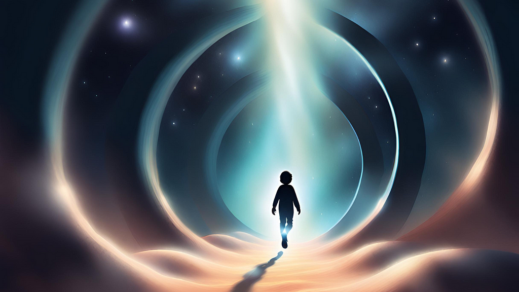 a silhouette of a young child walking into a tunnel against a starry night
