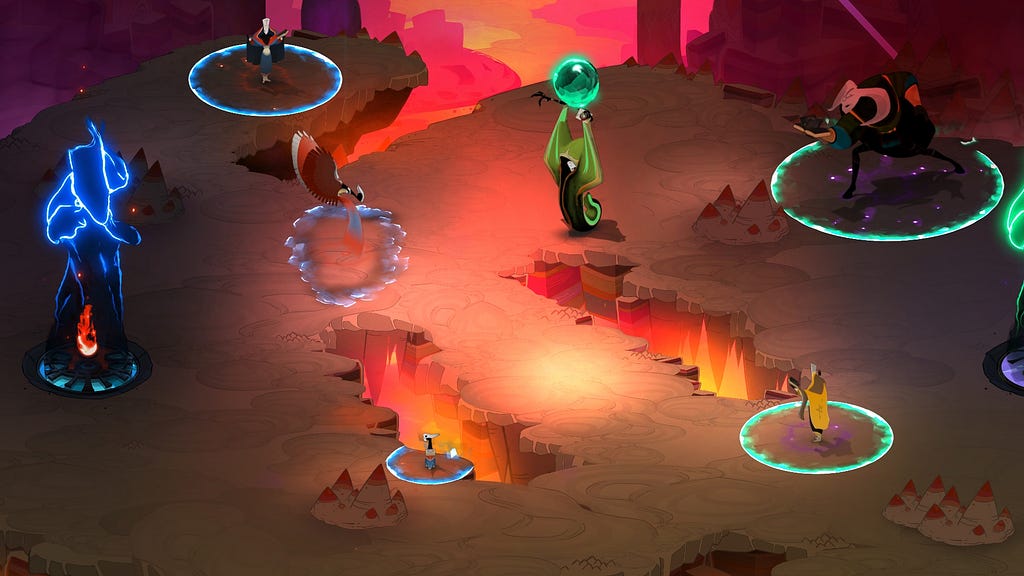 Six characters, three with a blue aura and three with a green aura. A green character aims an orb at the blue pyre.