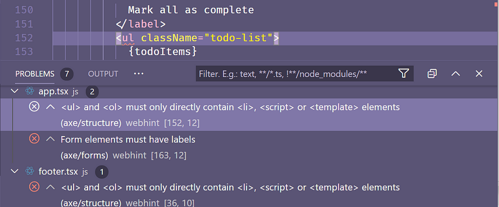 webhint VS Code extension identifying a problem in the codebase and displaying hints