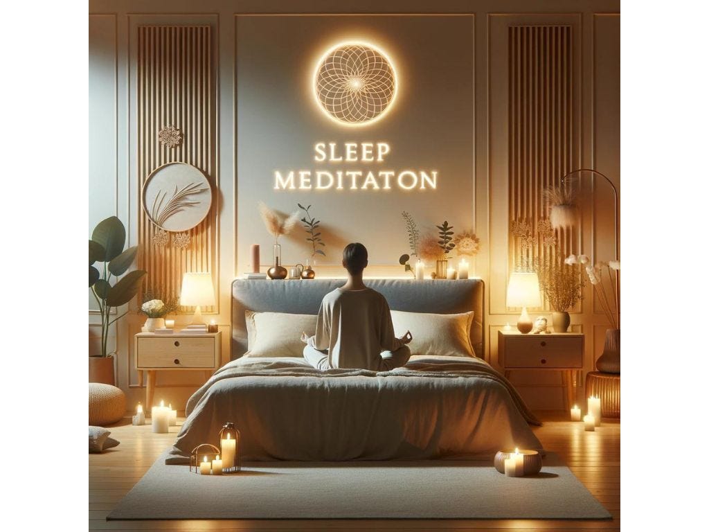 A serene bedroom scene illustrating the start of a sleep meditation journey, with a person in a meditative pose on the bed, surrounded by candles and plants, showcasing the practice’s calming essence.