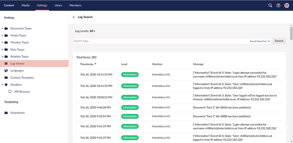 Log Viewer in Umbraco Heartcore backoffice