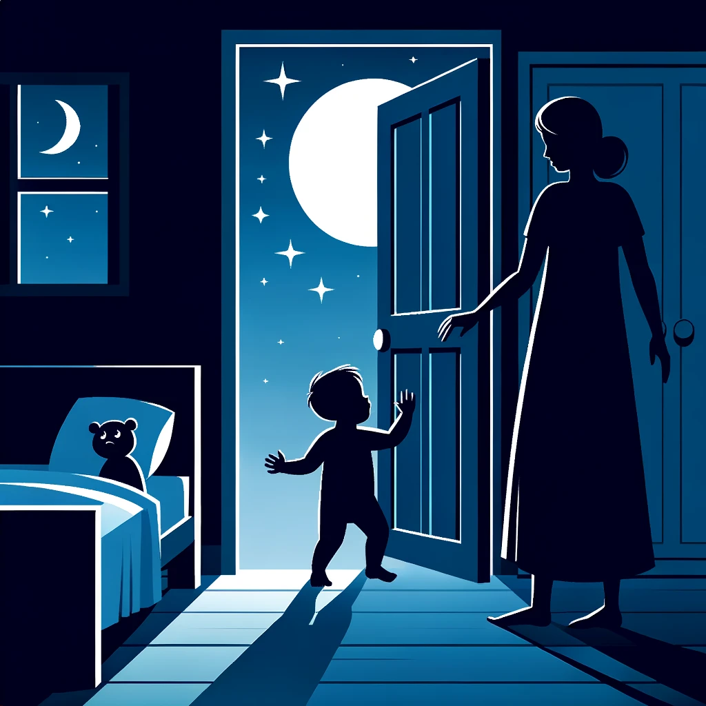 Graphic representation of a toddler seeking parents’ attention at night, with a parent approaching for comfort