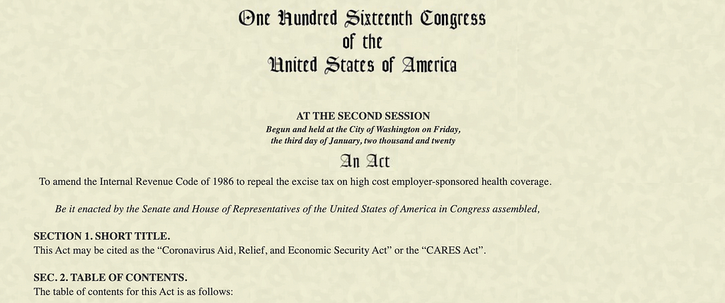 Congressional Bill: Paycheck Protection Program (CARES Act of 2020)