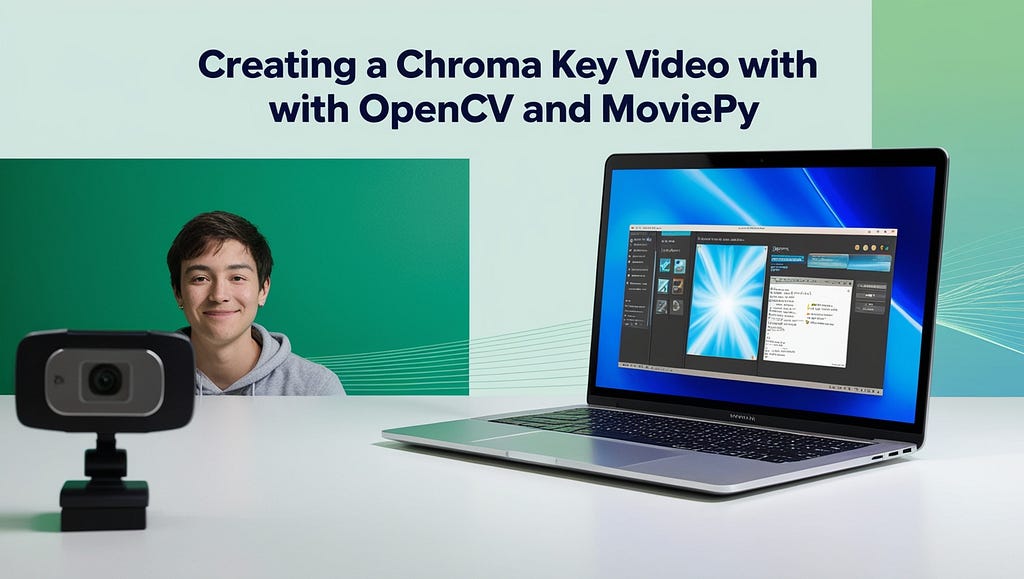 Thumbnail image showing the before and after effect of applying chroma key to a video. The left side displays the original green screen setup, while the right side showcases the same frame with the green screen replaced by another video background.