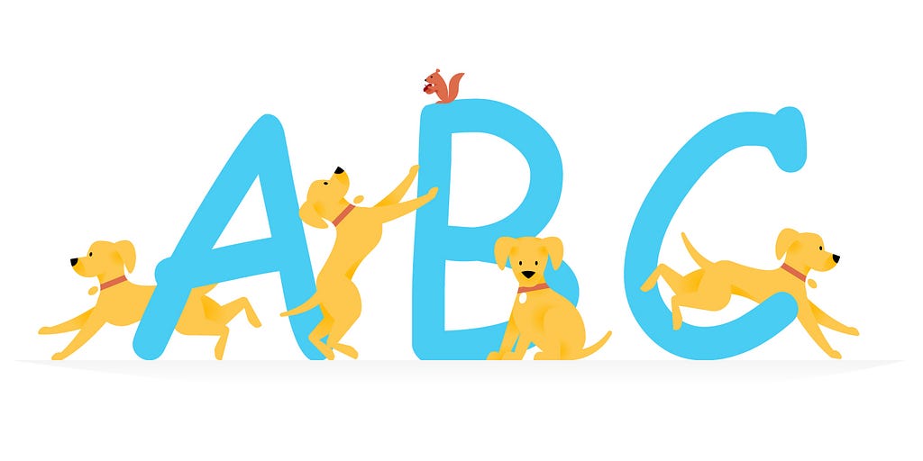 The letters “A, B, and C” in Comic Sans font with puppies playing around it.