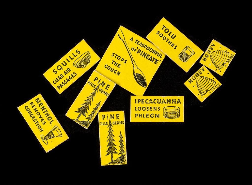 Nine yellow puzzle pieces, each illustrating a curative aspect of Pineate Cough Syrup, eg “menthol removes congestion”