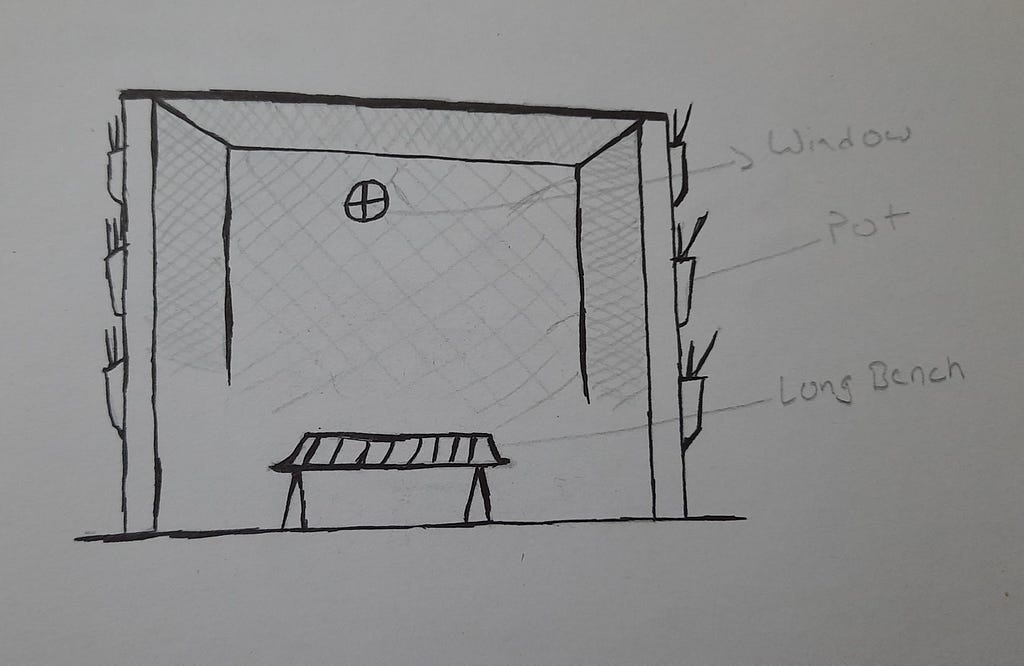 This is a rough sketch with flower pots hanged around the walls, made of bamboo, there is a small window on the top of wall with + sign, and a park chair in middle.