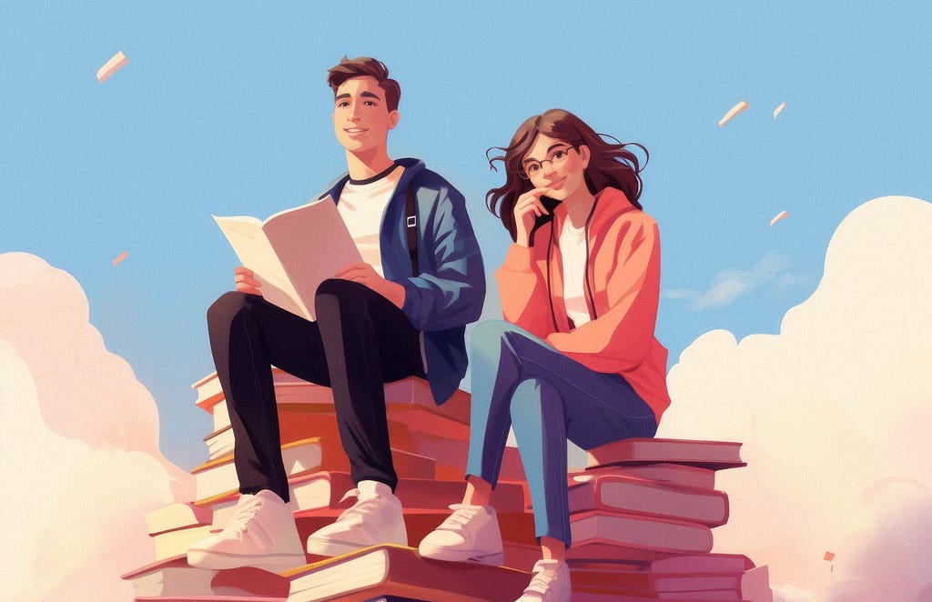Two students, a guy and a girl, sitting atop a mountain of books in between the clouds and a blue sky while looking happy and satisfied