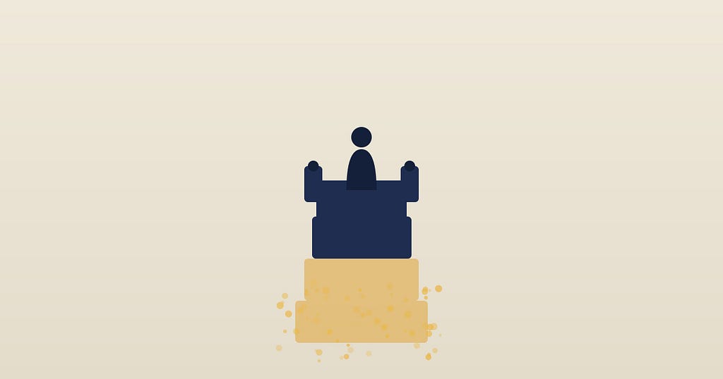 A large dark executive sits gripping the arms of a throne built from stacked boxes. The bottom of the stack is dissolving into gold light and particles, so the height he’s defending is disappearing beneath him.