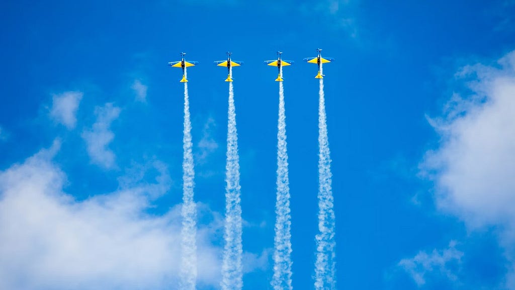 Quatro aviões acrobáticos amarelos sincronizados voando verticalmente e alinhados sobre um céu azul com algumas nuvens.