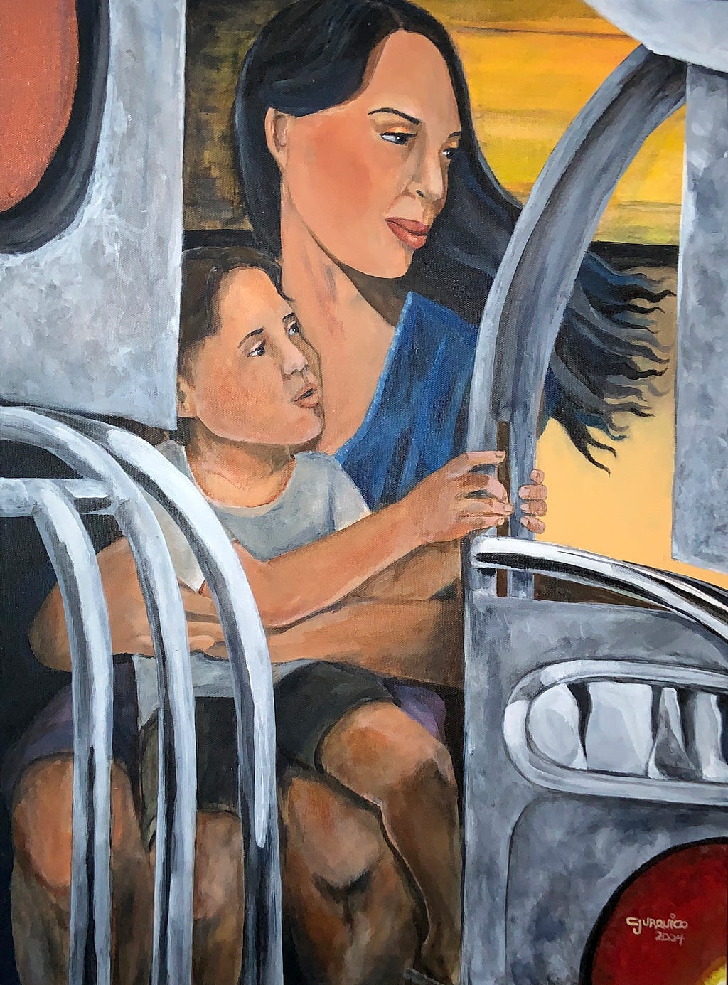 A painting of a child sitting on his mother’s lap clinging to the safety bars of a Jeepney. “Mother and Child’ 2004 — Acrylic on Canvas — CJ Urquico