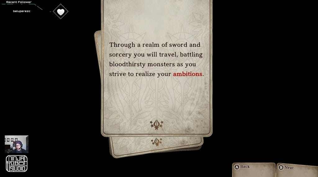 Voice of Cards game screenshot with controller tooltips in bottom right corner