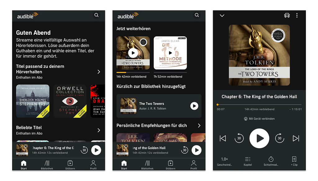 Screenshots of three different screens in the audible app.
