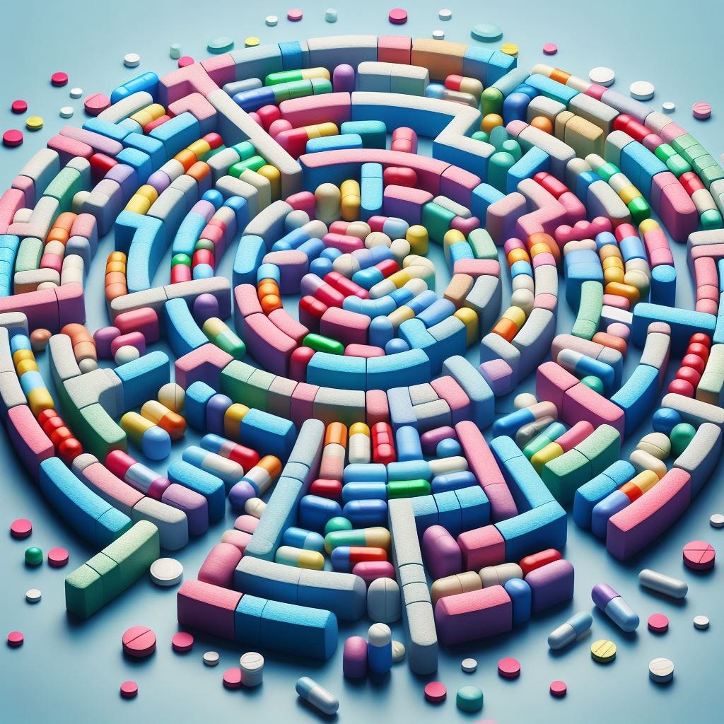 A visually captivating maze intricately designed with a diverse collection of colorful pills and capsules. Set against a light blue backdrop, the array of pharmaceuticals includes a spectrum of colors such as pink, blue, yellow, green, and white, each pill and capsule varying in size and shape. The meticulous arrangement forms a labyrinth that draws the eye, emphasizing the complexity inherent in the drug legalization debate.