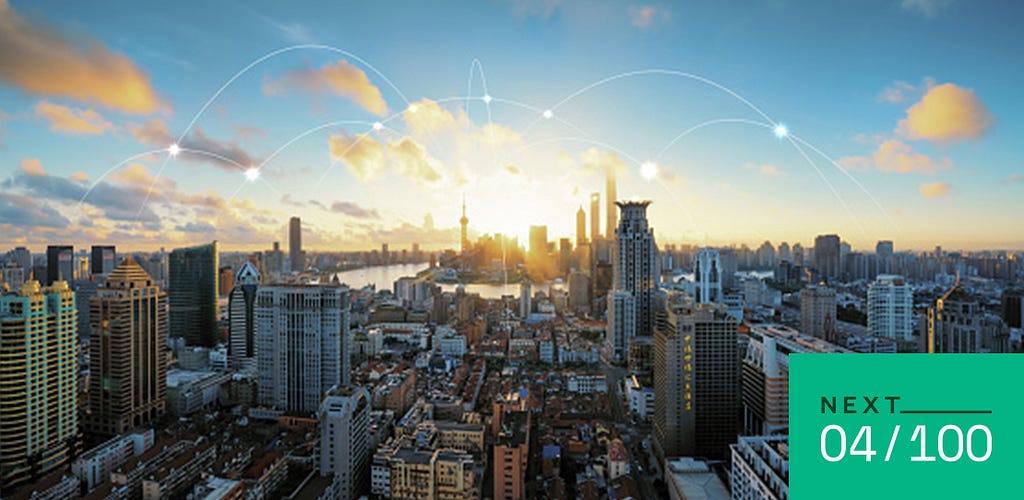 A skyline featuring illustrations of 5G connections through a major city