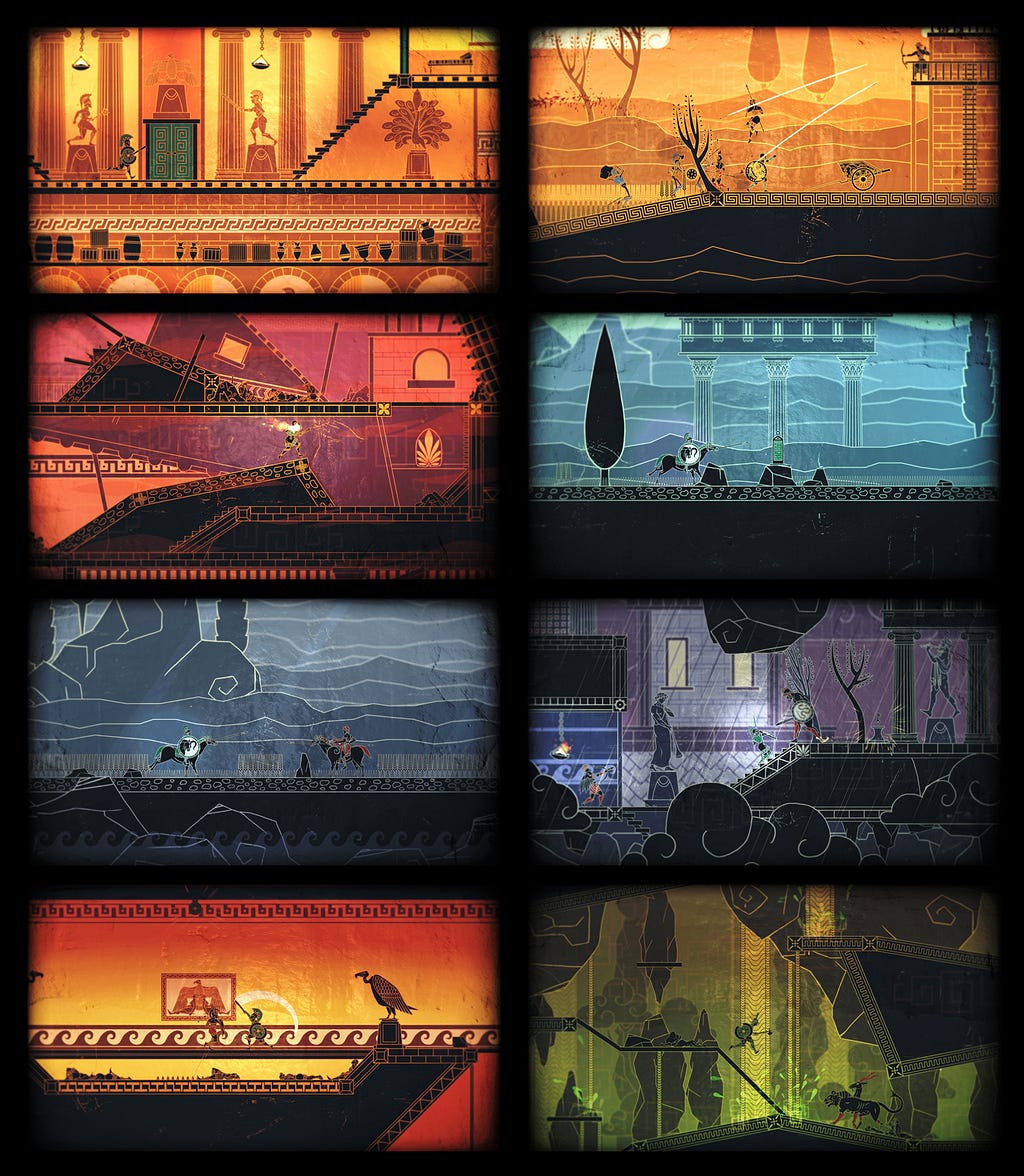 Grid of 8 stills of video game ‘Apotheon’, stylised colourful flat 2d images of ancient Greek scenes