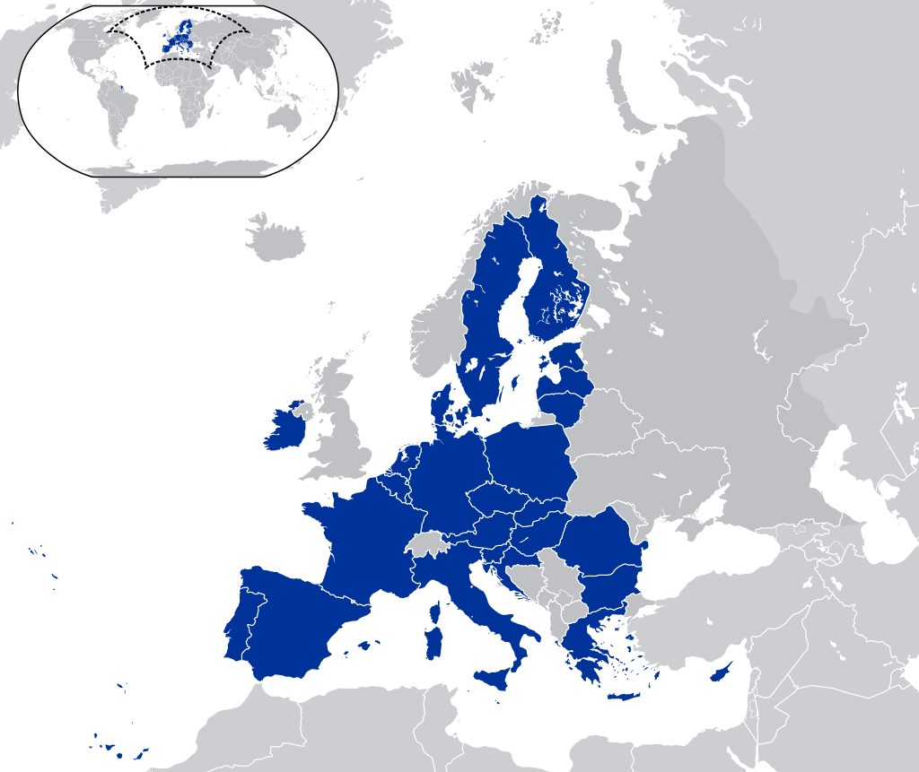 Map of the European Union, with in blue the member states Sweden, Finland, Denmark, Estonia, Latvia, Lithuania, Poland, Germany, Netherlands, Belgium, Luxembourg, Ireland, France, Spain, Portugal, Malta, Italy, Slovenia, Croatia, Austria, Czech Republic, Slovakia, Hungary, Romania, Bulgaria, Greece and Cyprus. By Hayden120NuclearVacuum — This W3C-unspecified vector image was created with Inkscape ., CC BY-SA 3.0, https://commons.wikimedia.org/w/index.php?curid=8299566