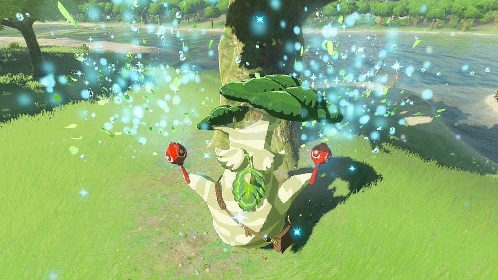 A humanoid tree with a leaf beard holding two maracas shooting fireworks