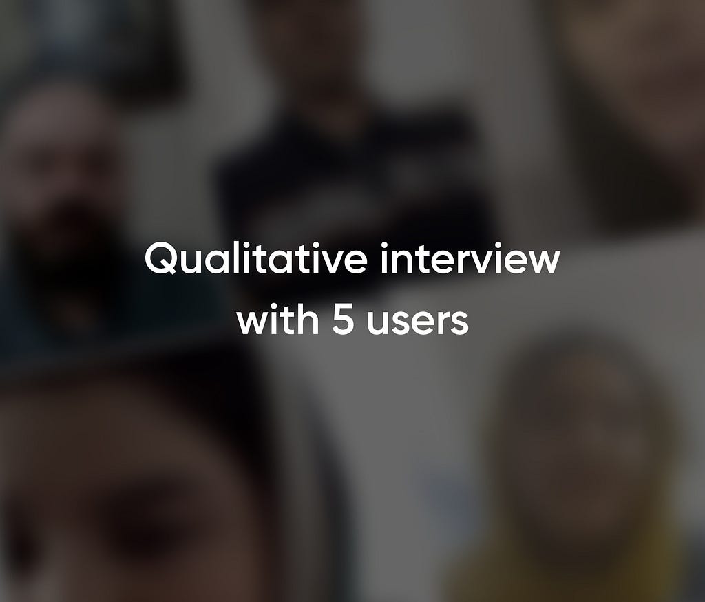 Blurred image of users in the background, and a text “Qualitative interview with 5 users” on top