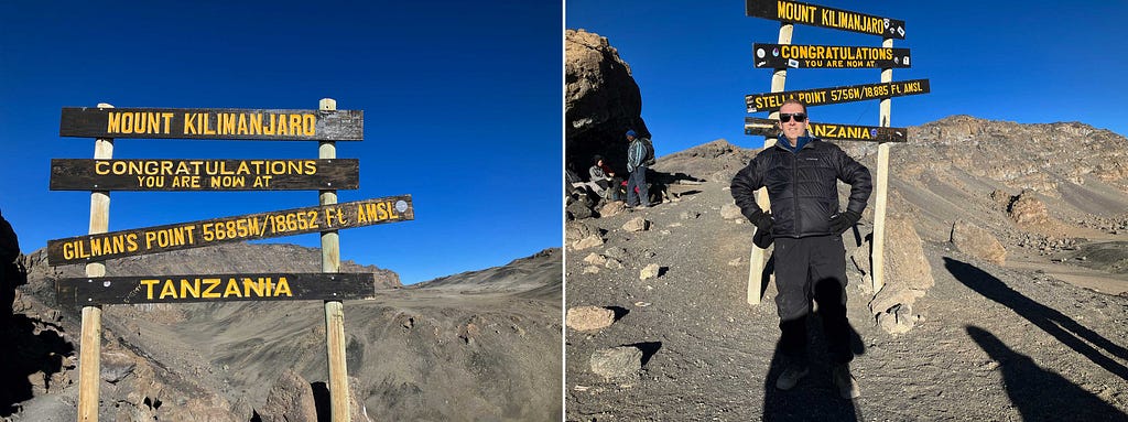 Two side-by-side images of the summit area of Mount Kilimanjaro under deep blue sky. The image on the left shows the sign at Gilman’s Point and the image on the right shows the author pictured in front of the sign at Stella Point.